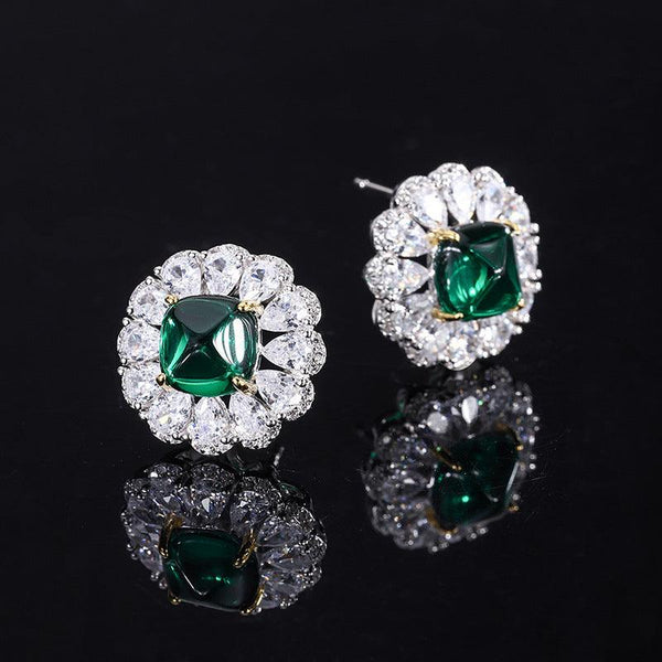 Created Emerald Jewelry Set, Fashion Wedding Bridal Silver Simulated Gemstone Pendant Necklace Ring Stud Earrings Set for Women Girl