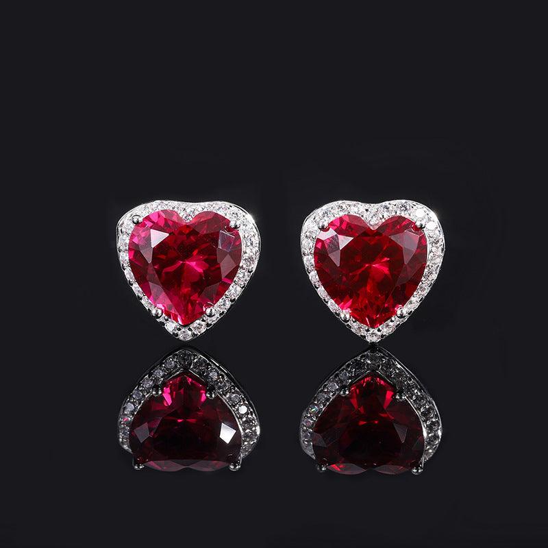 925 Sterling Silver Wedding Jewelry Set Simulated Ruby Diamonds Pendant Ring Earrings Heart