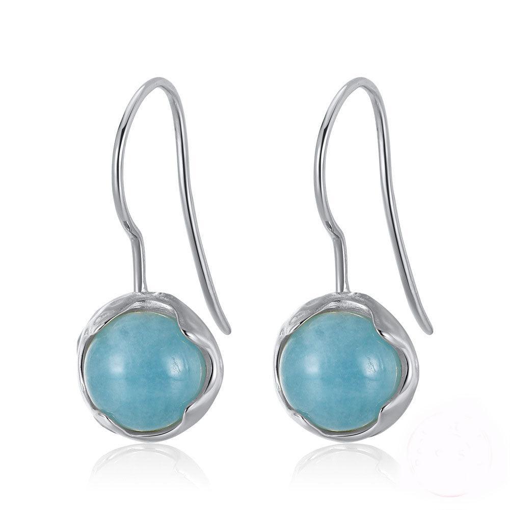 925 Sterling Silver 14K Gold Plated Natrural Aquamarine Jewellery Round Gemstone Dangle Earrings