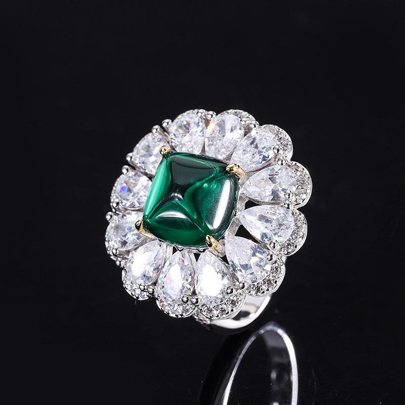 Created Emerald Jewelry Set, Fashion Wedding Bridal Silver Simulated Gemstone Pendant Necklace Ring Stud Earrings Set for Women Girl