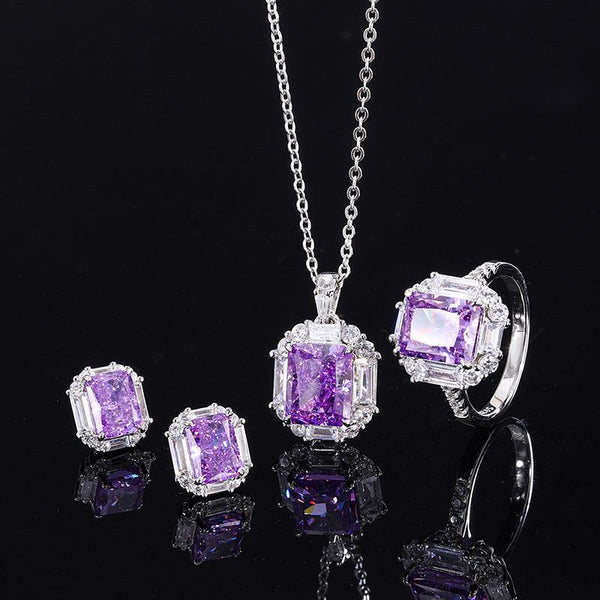 925 Sterling Silver Radiant Cut Simulated Gemstone Pendant Earrings Ring Jewelry Set