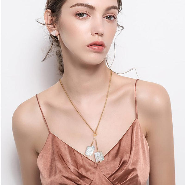 925 Sterling Silver Gold Plated Jewelry Square Baroque Pearl Chain Necklace Adjustable
