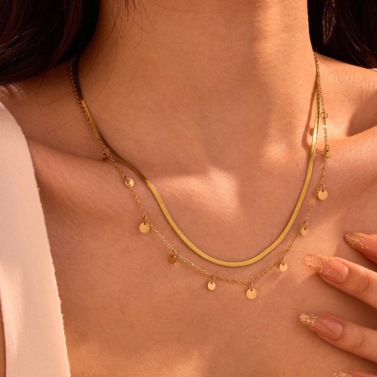 All Matching Stainless Steel Necklace for Girls Non Fading Tassle Chain 18K Double City Hollow Out Cutout out Twin