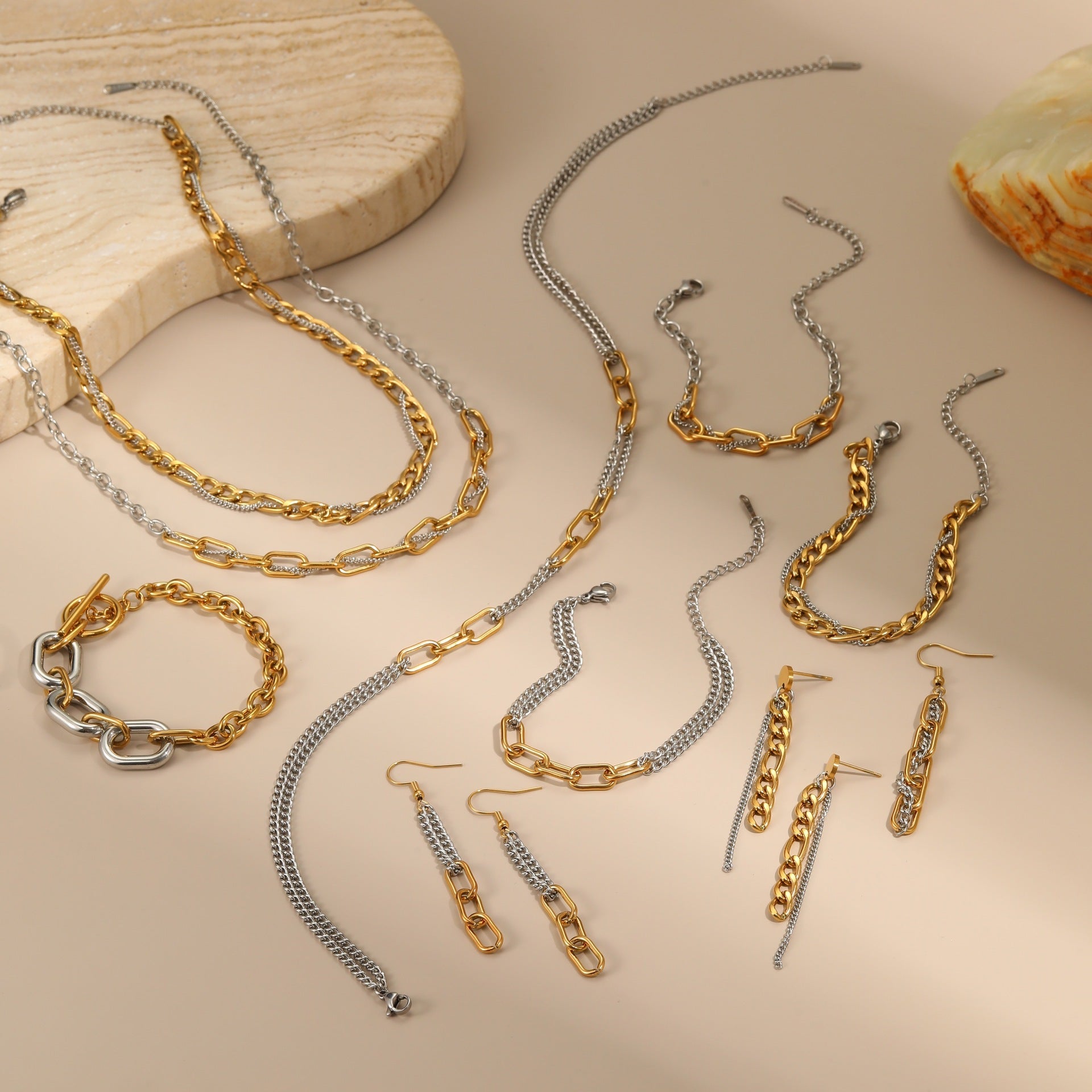 Gold Silver Color Matching Chain Design Stainless Steel Earrings Necklace Titanium Steel Bracelet Ornament