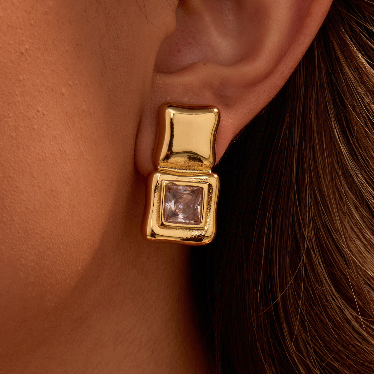 Geometric Abstract Square Crystal Sugar Large Zircon Stainless Steel Earrings Vacuum Plating 18K Gold Advanced Ear Rings