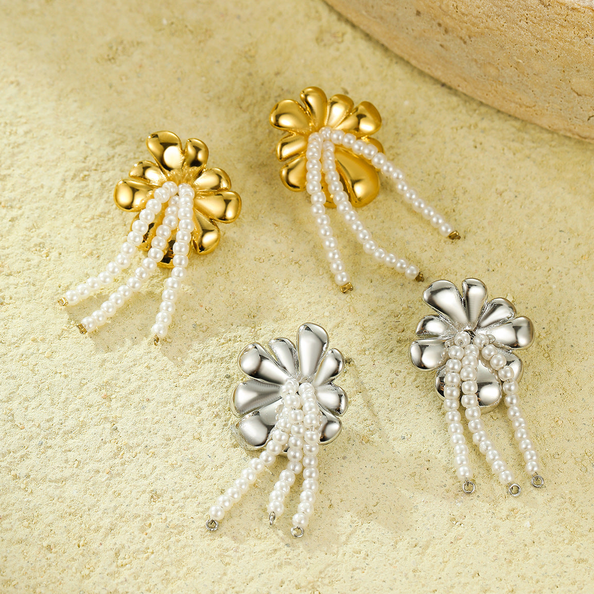 All Match Fashionable Stainless Steel Floral Pearl Tassel Titanium Steel Gold Plated Stud Earrings for Women