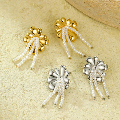 All Match Fashionable Stainless Steel Floral Pearl Tassel Titanium Steel Gold Plated Stud Earrings for Women
