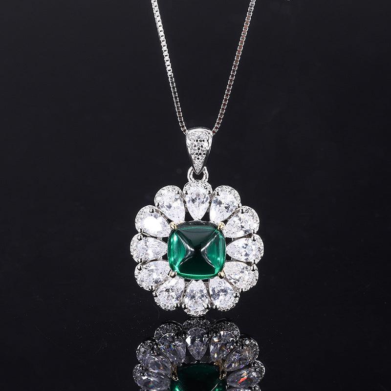 Created Emerald Jewelry Set, Fashion Wedding Bridal Silver Simulated Gemstone Pendant Necklace Ring Stud Earrings Set for Women Girl