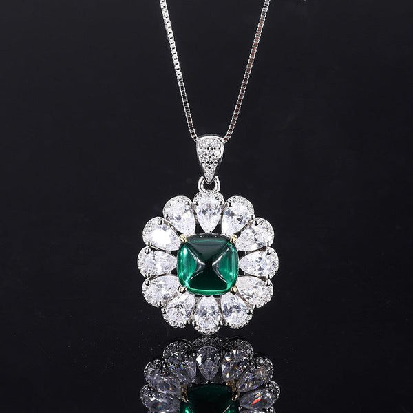 Created Emerald Jewelry Set, Fashion Wedding Bridal Silver Simulated Gemstone Pendant Necklace Ring Stud Earrings Set for Women Girl