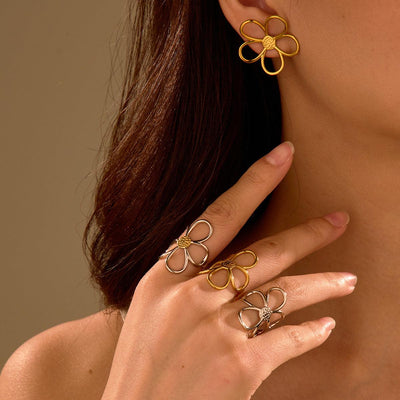 Gold Silver Color Matching Hollow Out Cutout out Floral Titanium Steel Ring Stainless Steel Earrings Mild Luxury Retro Earrings Hand Jewelry