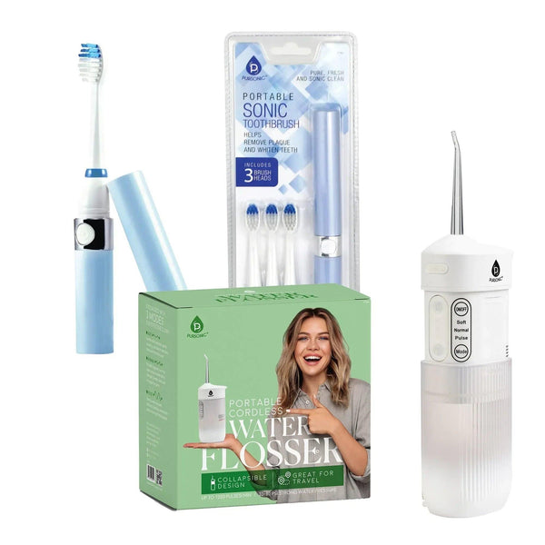 Compact Travel Oral Care Bundle: Portable USB Rechargeable Collapsible Water Flosser and Pursonic Portable Sonic Toothbrush - Gifts for You 'n Me