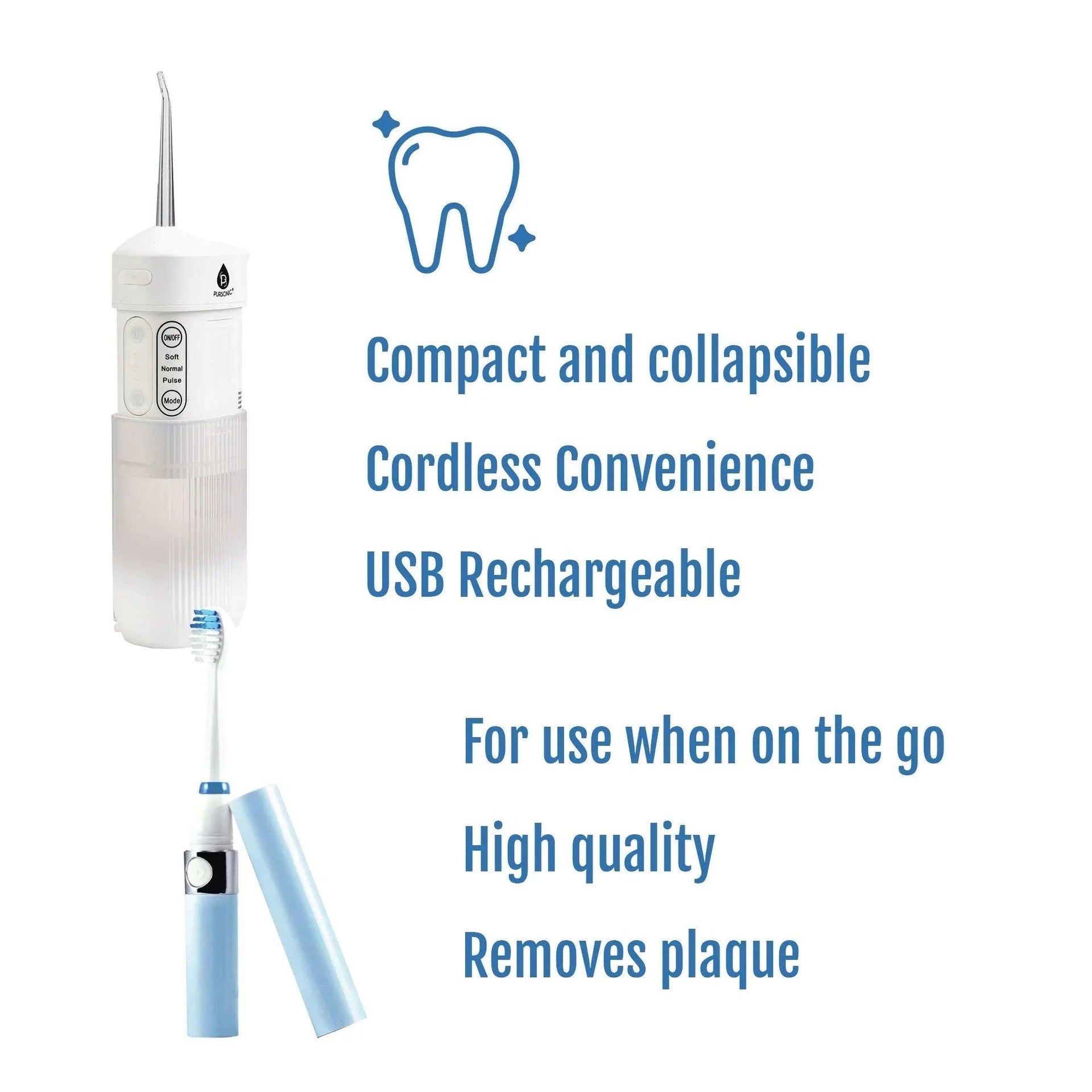Compact Travel Oral Care Bundle: Portable USB Rechargeable Collapsible Water Flosser and Pursonic Portable Sonic Toothbrush - Gifts for You 'n Me