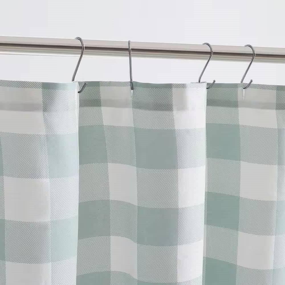 72-inch 100-Percent Cotton Fabric Shower Curtain with Green White Plaid Pattern