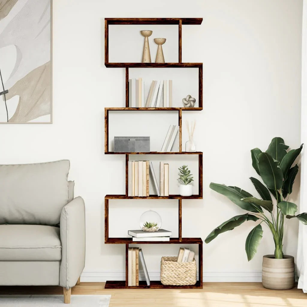 Oak Room Divider Bookcase with Smoked Finish and Storage