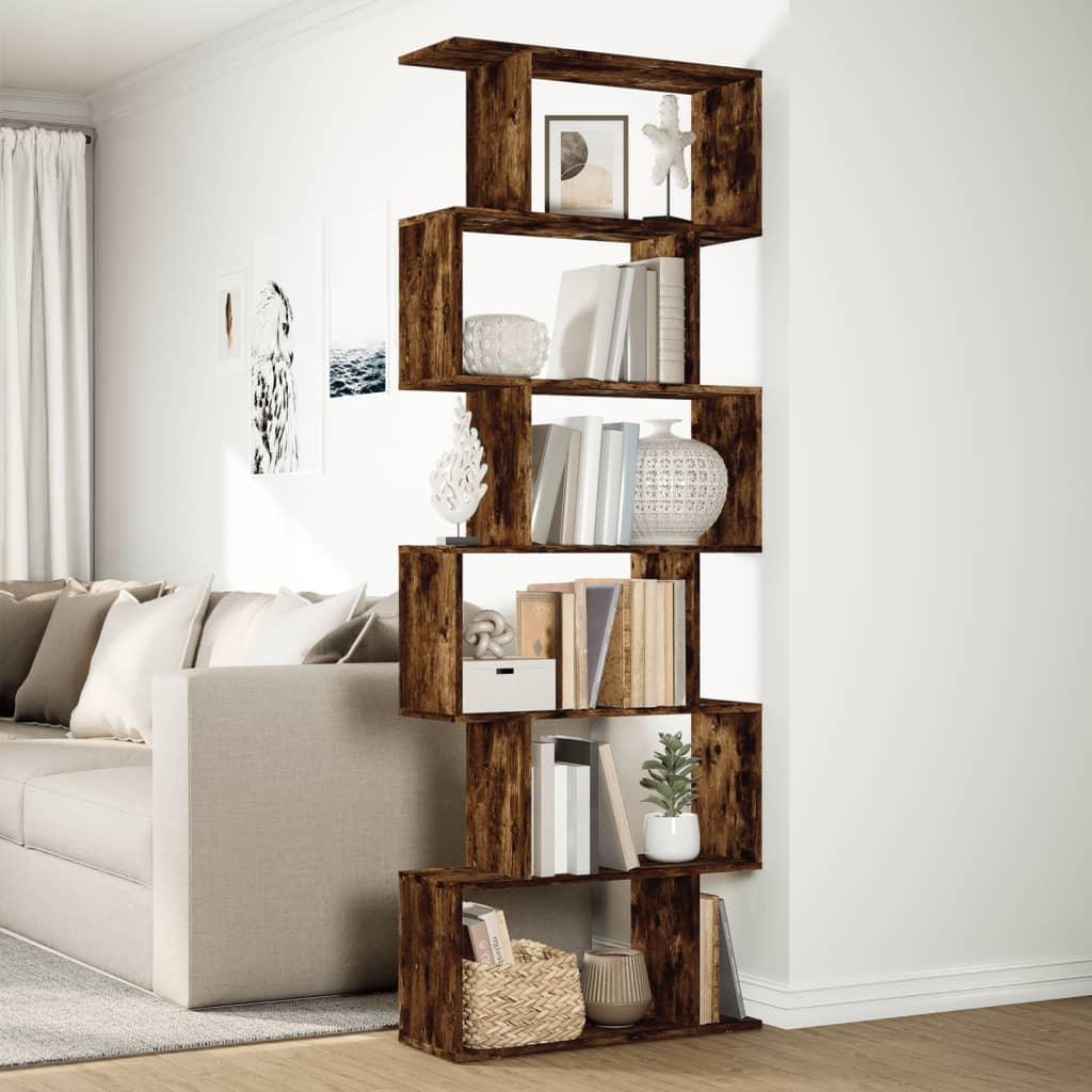 Oak Room Divider Bookcase with Smoked Finish and Storage
