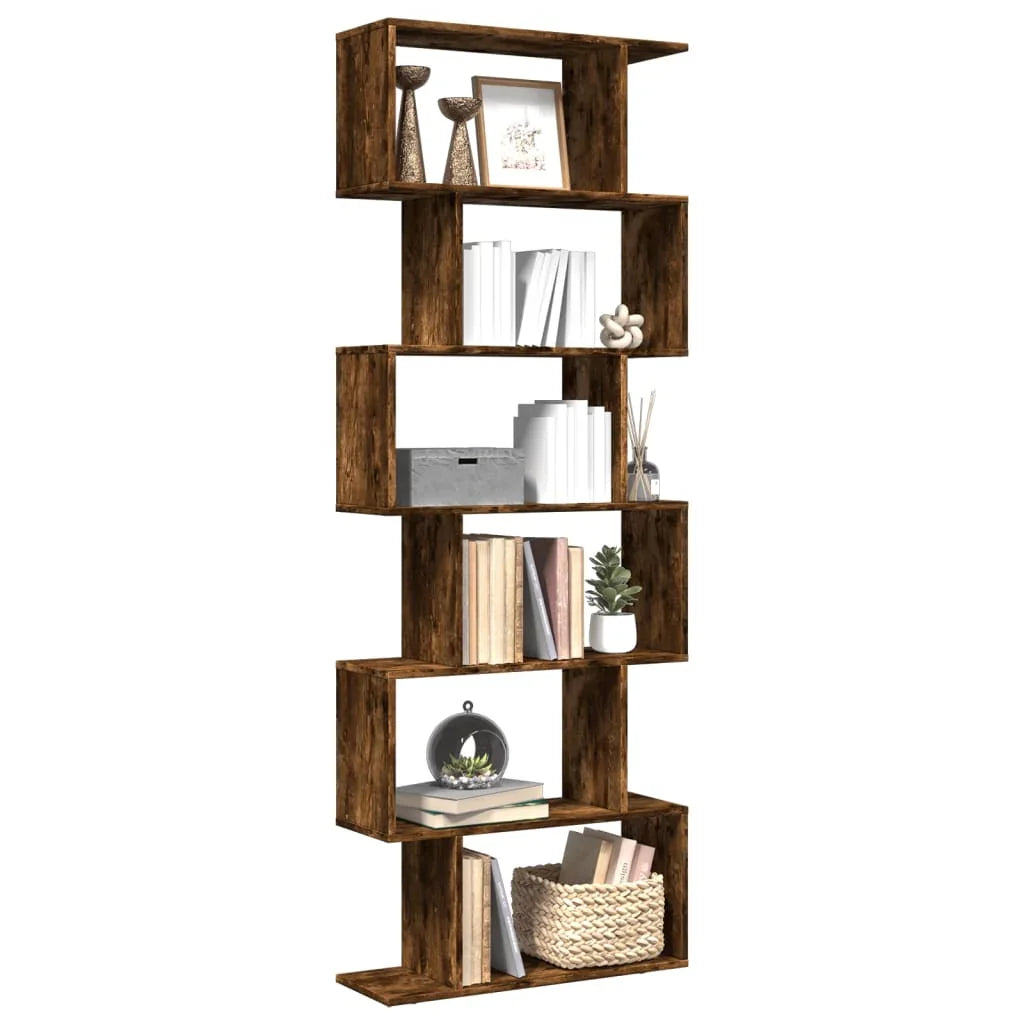 Oak Room Divider Bookcase with Smoked Finish and Storage