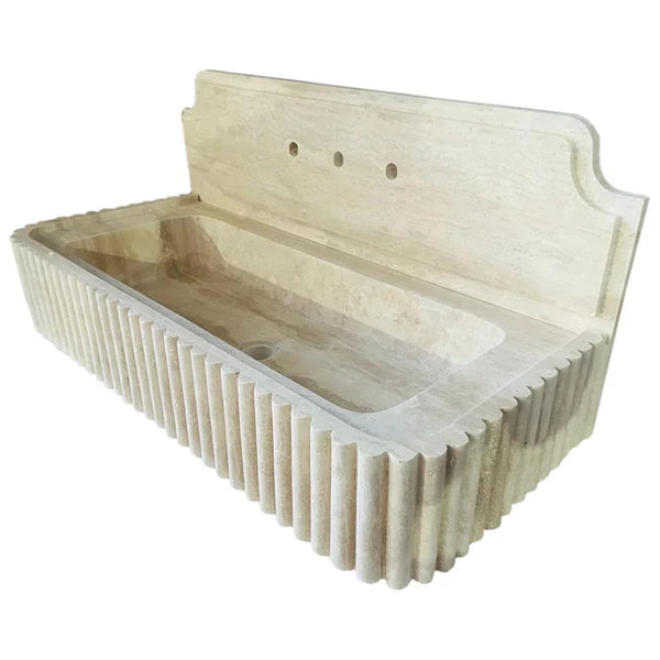 Oasis Beige Travertine Wall-mount Bathroom Vanity Sink Fluted (W)16