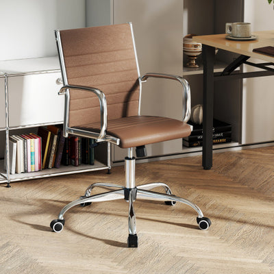 Office Chair Height Adjustable Conference Room Chair with Rocking Backrest Armrests-Brown