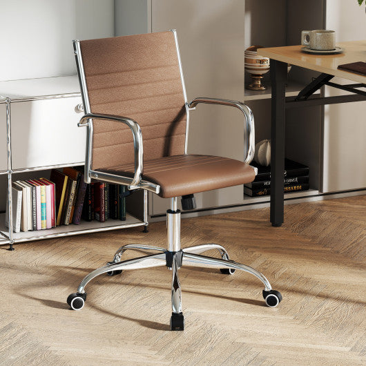 Office Chair Height Adjustable Conference Room Chair with Rocking Backrest Armrests-Brown