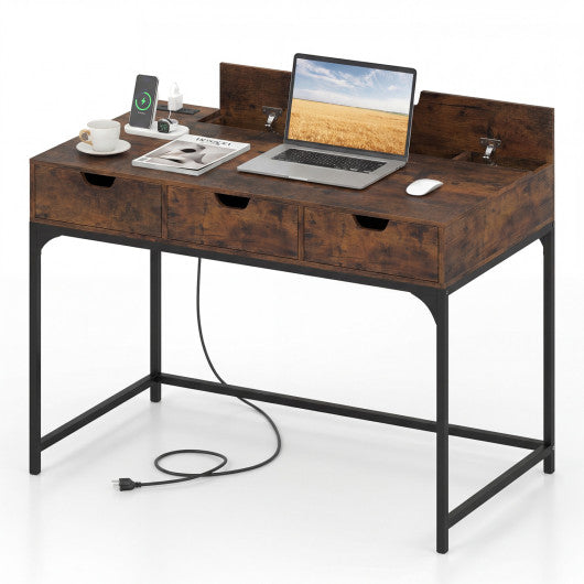 Office Desk with Power Outlets and Hidden Compartment for Study-Rustic Brown