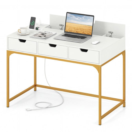 Office Desk with Power Outlets and Hidden Compartment for Study-White