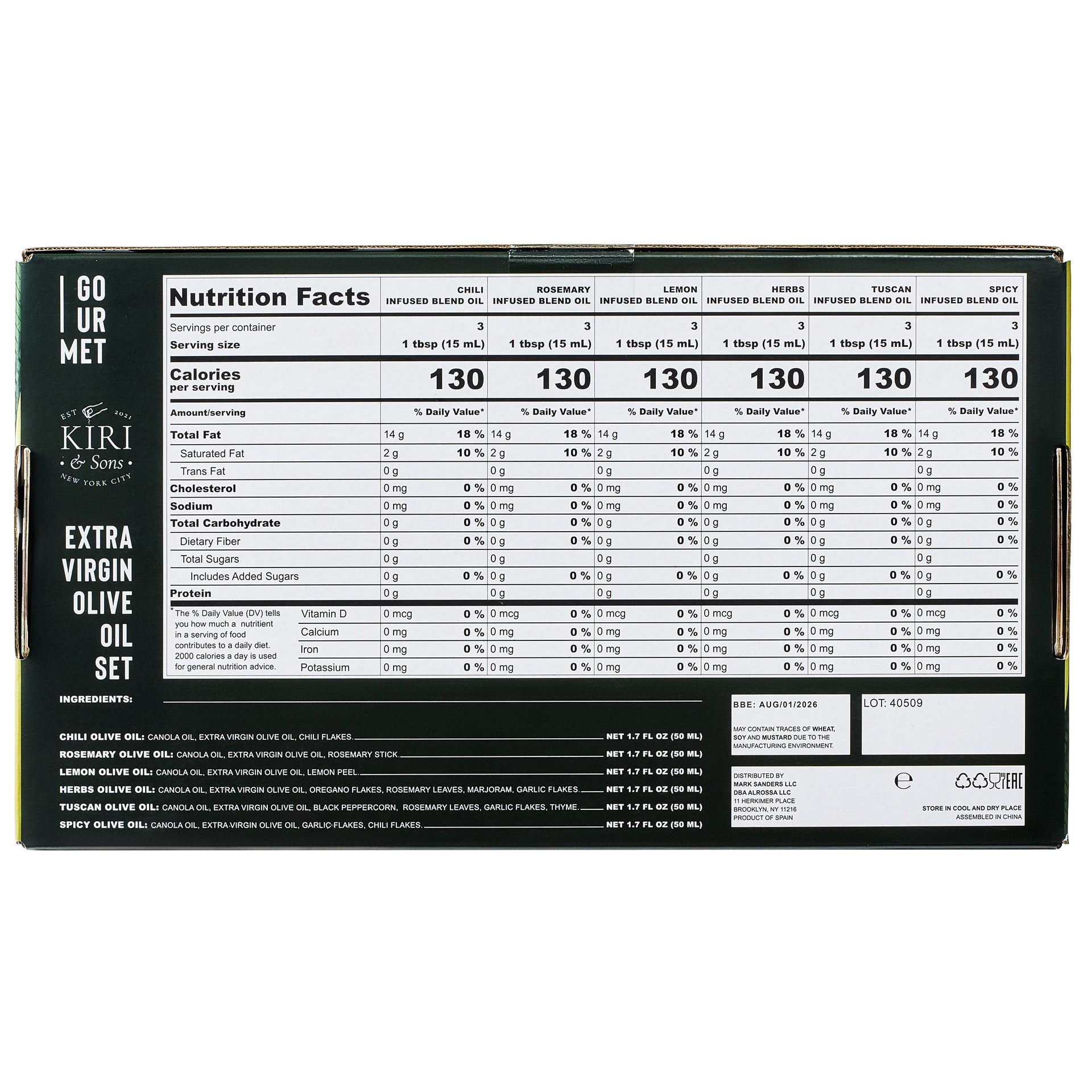 Olive Oil Gourmet Sampler Gift Set of 6 - Premium Extra-Virgin Blend Olive Oil Made In Spain, Natural Flavors Include Herbs, Chili, Spice, Rosemary, Tuscan & Lemon - Gifts for Her, Him