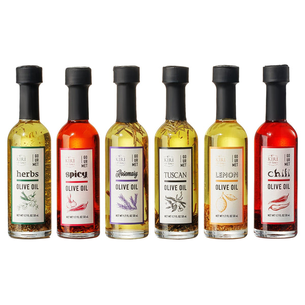 Olive Oil Gourmet Sampler Gift Set of 6 - Premium Extra-Virgin Blend Olive Oil Made In Spain, Natural Flavors Include Herbs, Chili, Spice, Rosemary, Tuscan & Lemon - Gifts for Her, Him