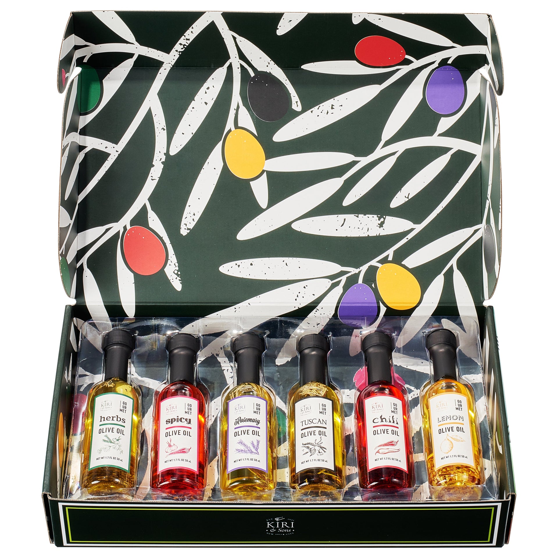 Olive Oil Gourmet Sampler Gift Set of 6 - Premium Extra-Virgin Blend Olive Oil Made In Spain, Natural Flavors Include Herbs, Chili, Spice, Rosemary, Tuscan & Lemon - Gifts for Her, Him