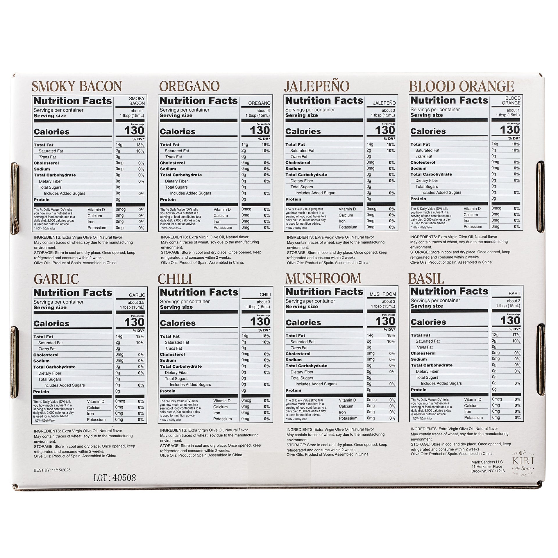 Olive Oil Gourmet Sampler Gift Set of 8 - Premium Extra-Virgin Olive Oil Made In Spain, Natural Flavors Include Mushroom, Chili, Garlic, Oregano, Blood Orange, Smoky Bacon, Jalapeno, Basil