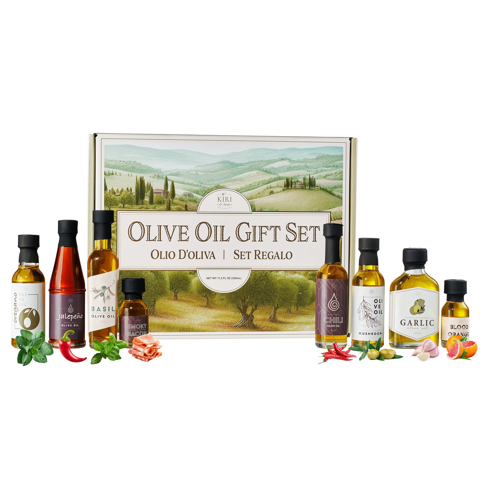 Olive Oil Gourmet Sampler Gift Set of 8 - Premium Extra-Virgin Olive Oil Made In Spain, Natural Flavors Include Mushroom, Chili, Garlic, Oregano, Blood Orange, Smoky Bacon, Jalapeno, Basil
