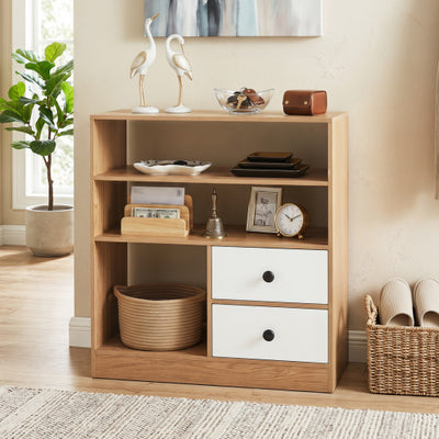 Open Storage Cabinet with 3 Open Compartments and 2 Drawer-Natural