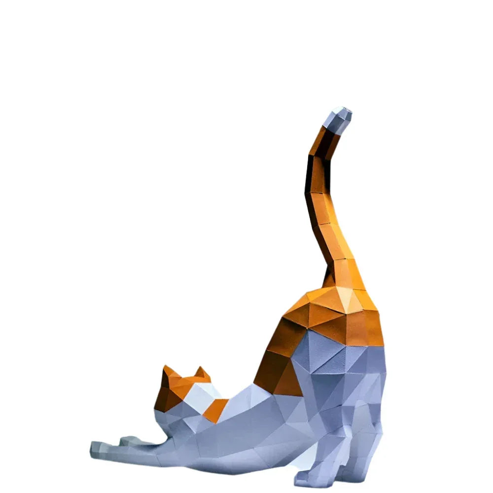 Origami Stretching Cat Figurine White and Orange Decor for Cat Lovers