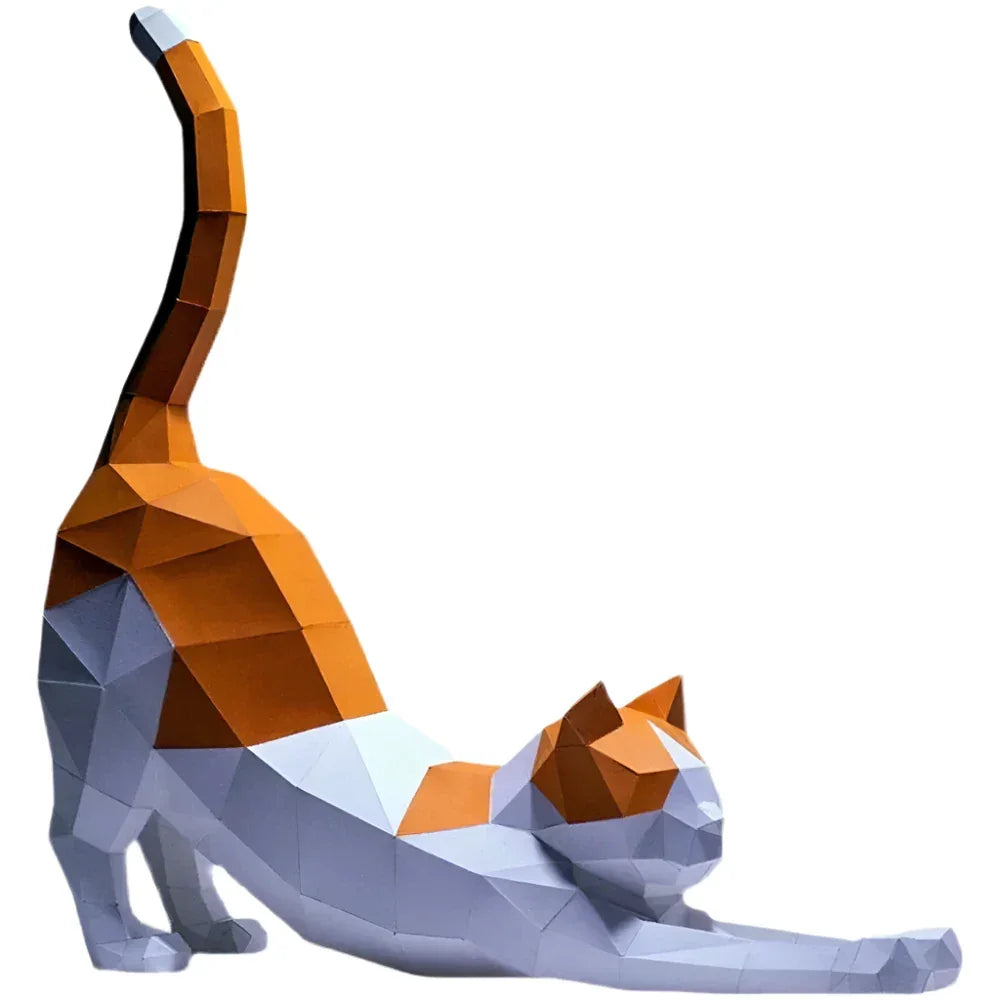 Origami Stretching Cat Figurine White and Orange Decor for Cat Lovers