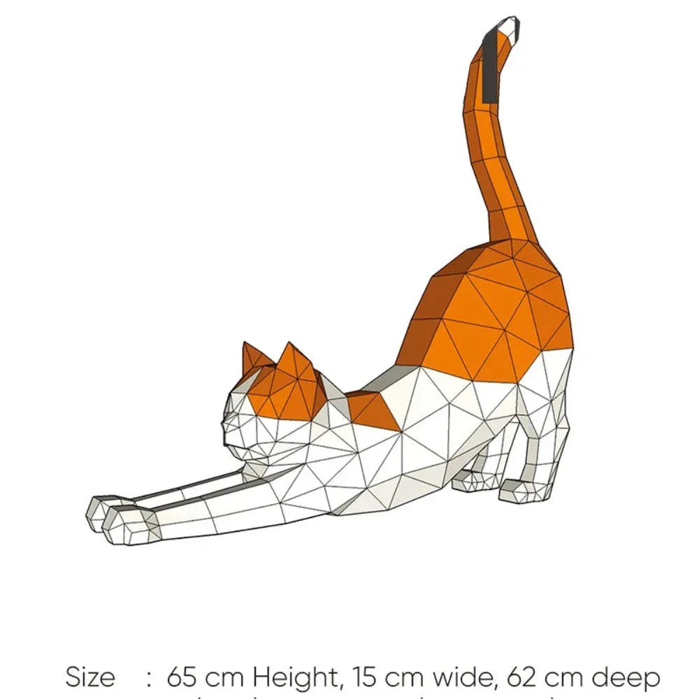 Origami Stretching Cat Figurine White and Orange Decor for Cat Lovers