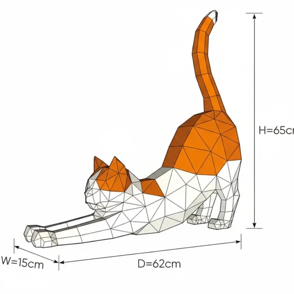Origami Stretching Cat Figurine White and Orange Decor for Cat Lovers