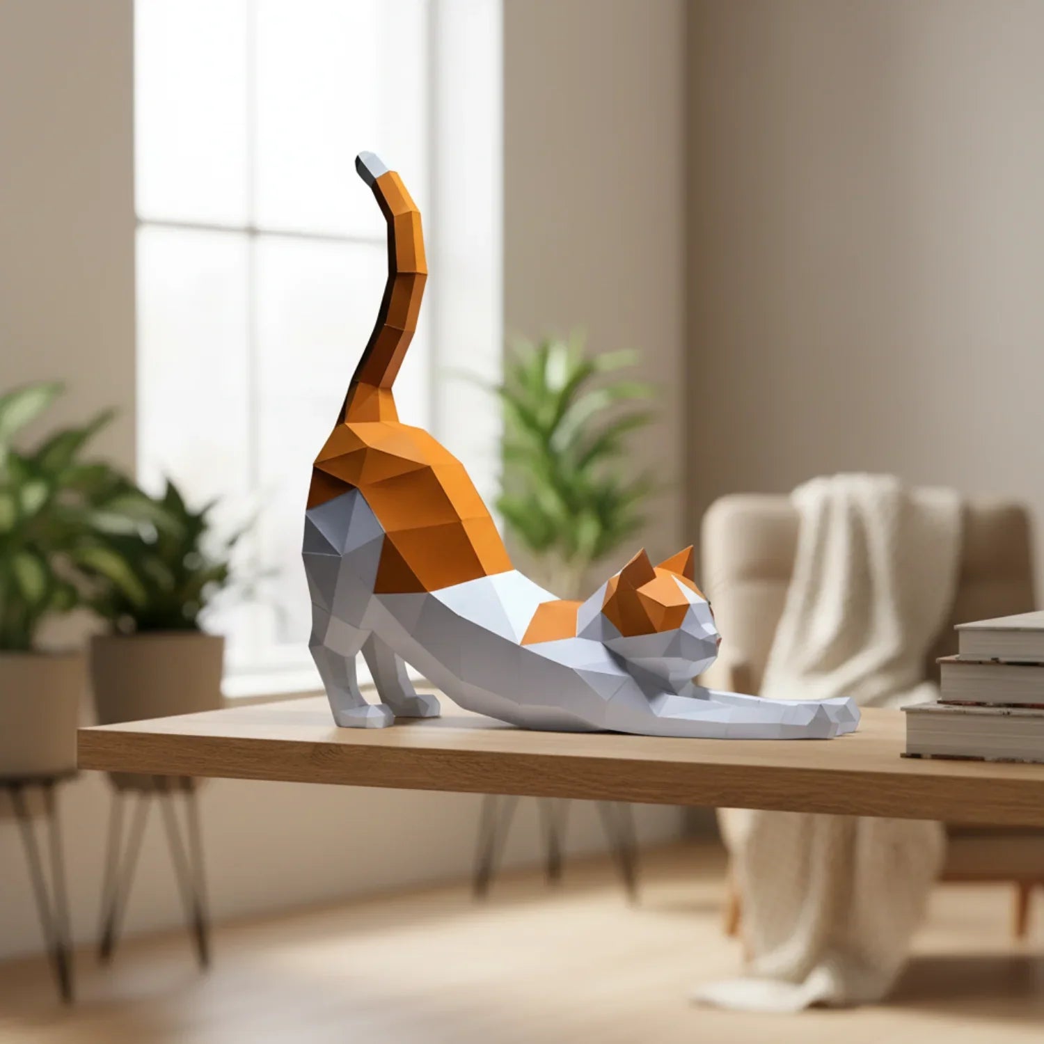 Origami Stretching Cat Figurine White and Orange Decor for Cat Lovers