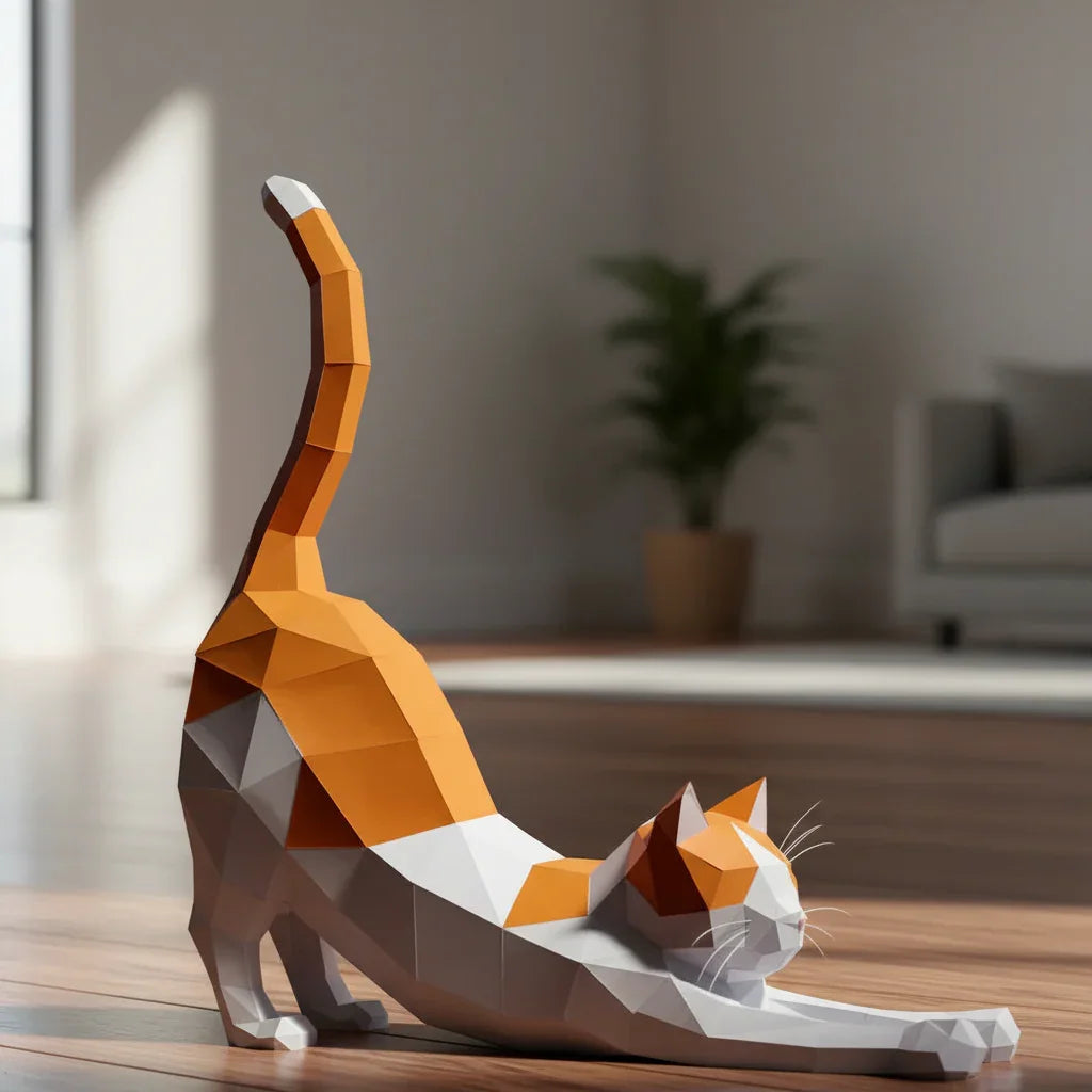 Origami Stretching Cat Figurine White and Orange Decor for Cat Lovers