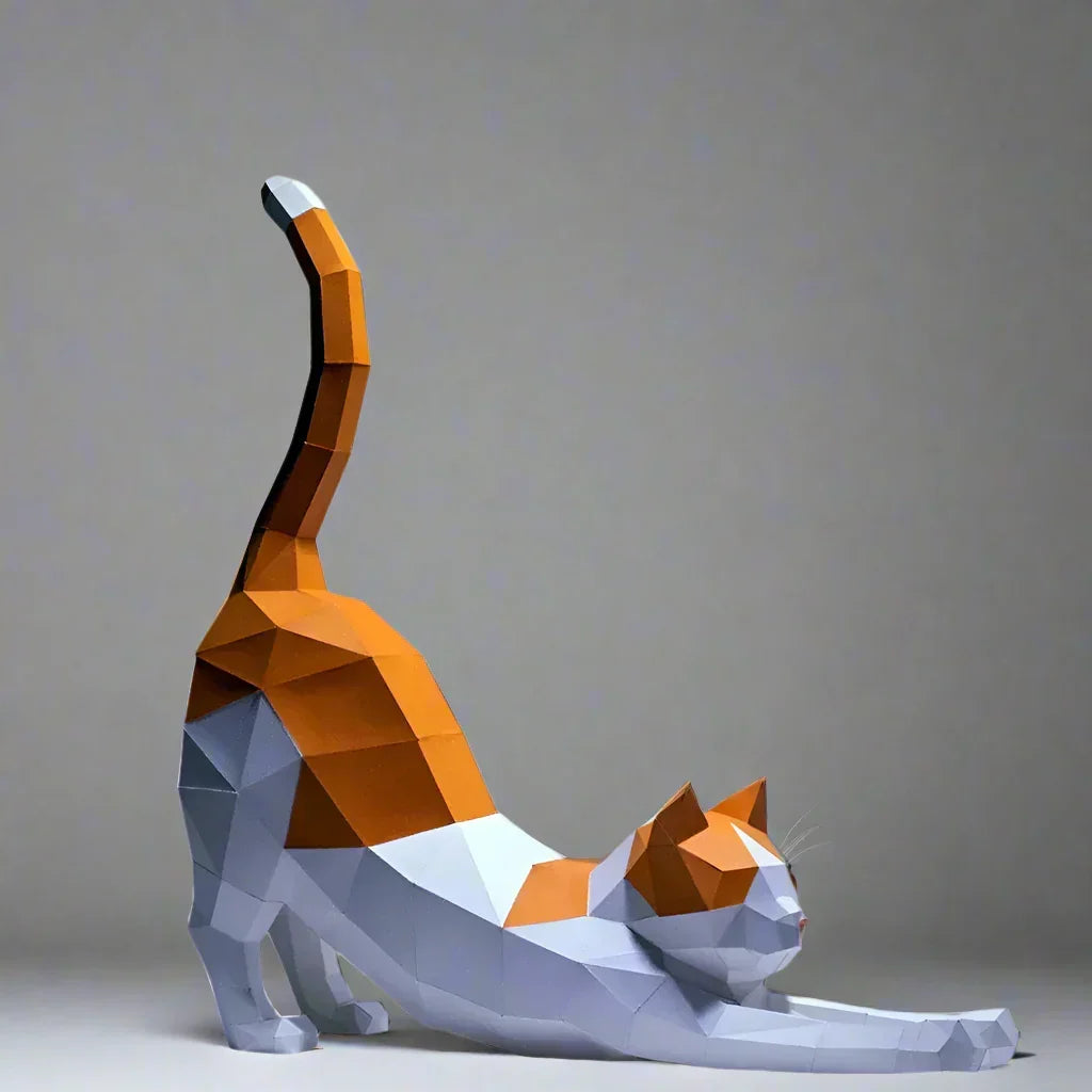 Origami Stretching Cat Figurine White and Orange Decor for Cat Lovers