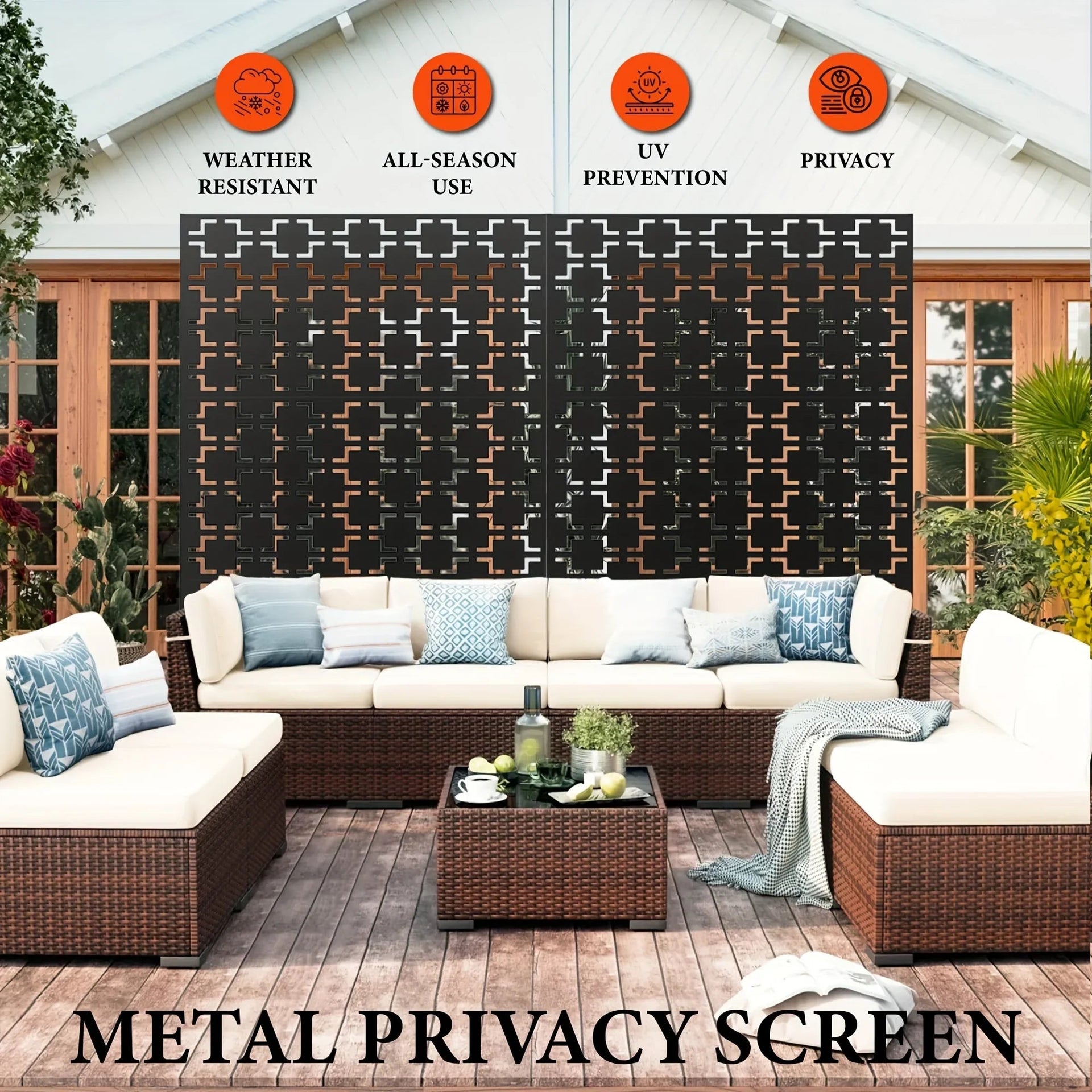 Outdoor Metal Privacy Screen 182.88cm H x 119.38cm W Freestanding Fence & Room Divider with Stand - Heavy-Duty Modern Design, Weather-Resistant Metal Panels with Pattern, Easy Assembly for Patio, Garden, Deck, Balcony, Lawn -