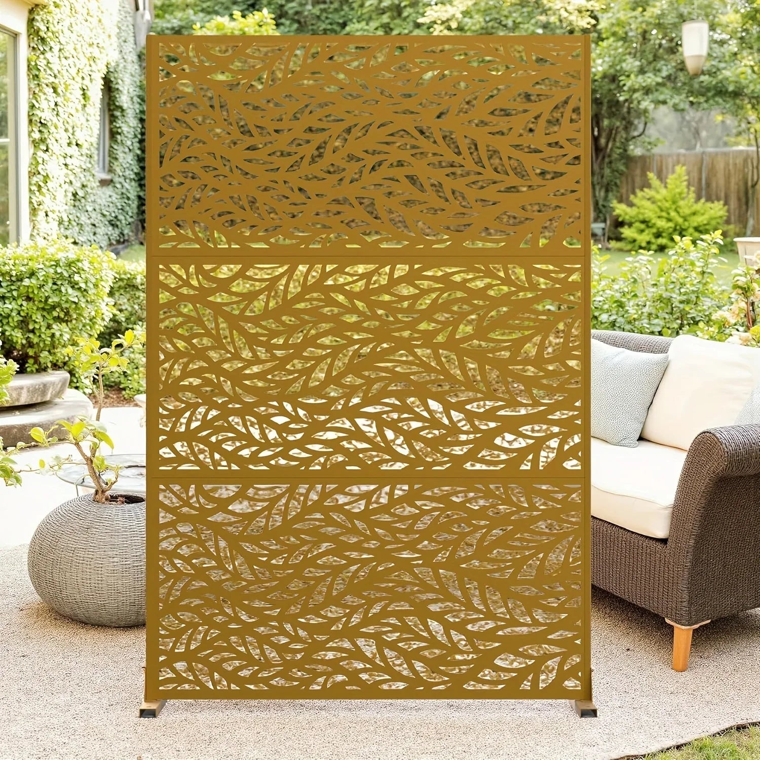 Outdoor Metal Privacy Screen 182.88cm H x 119.38cm W Freestanding Fence & Room Divider with Stand - Heavy-Duty Modern Design, Weather-Resistant Metal Panels with Pattern, Easy Assembly for Patio, Garden, Deck, Balcony, Lawn -