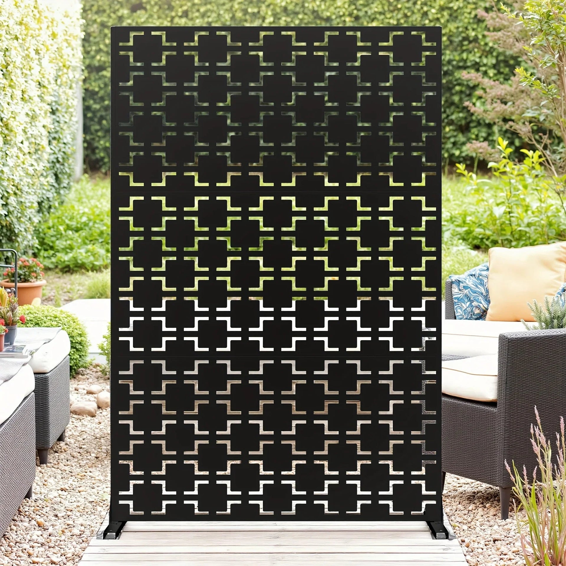 Outdoor Metal Privacy Screen 182.88cm H x 119.38cm W Freestanding Fence & Room Divider with Stand - Heavy-Duty Modern Design, Weather-Resistant Metal Panels with Pattern, Easy Assembly for Patio, Garden, Deck, Balcony, Lawn -