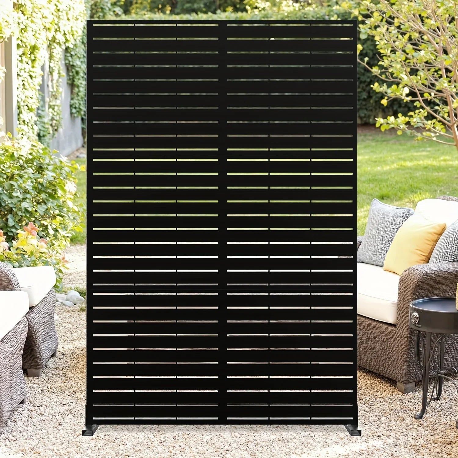 Outdoor Metal Privacy Screen 182.88cm H x 119.38cm W Freestanding Fence & Room Divider with Stand - Heavy-Duty Modern Design, Weather-Resistant Metal Panels with Pattern, Easy Assembly for Patio, Garden, Deck, Balcony, Lawn -