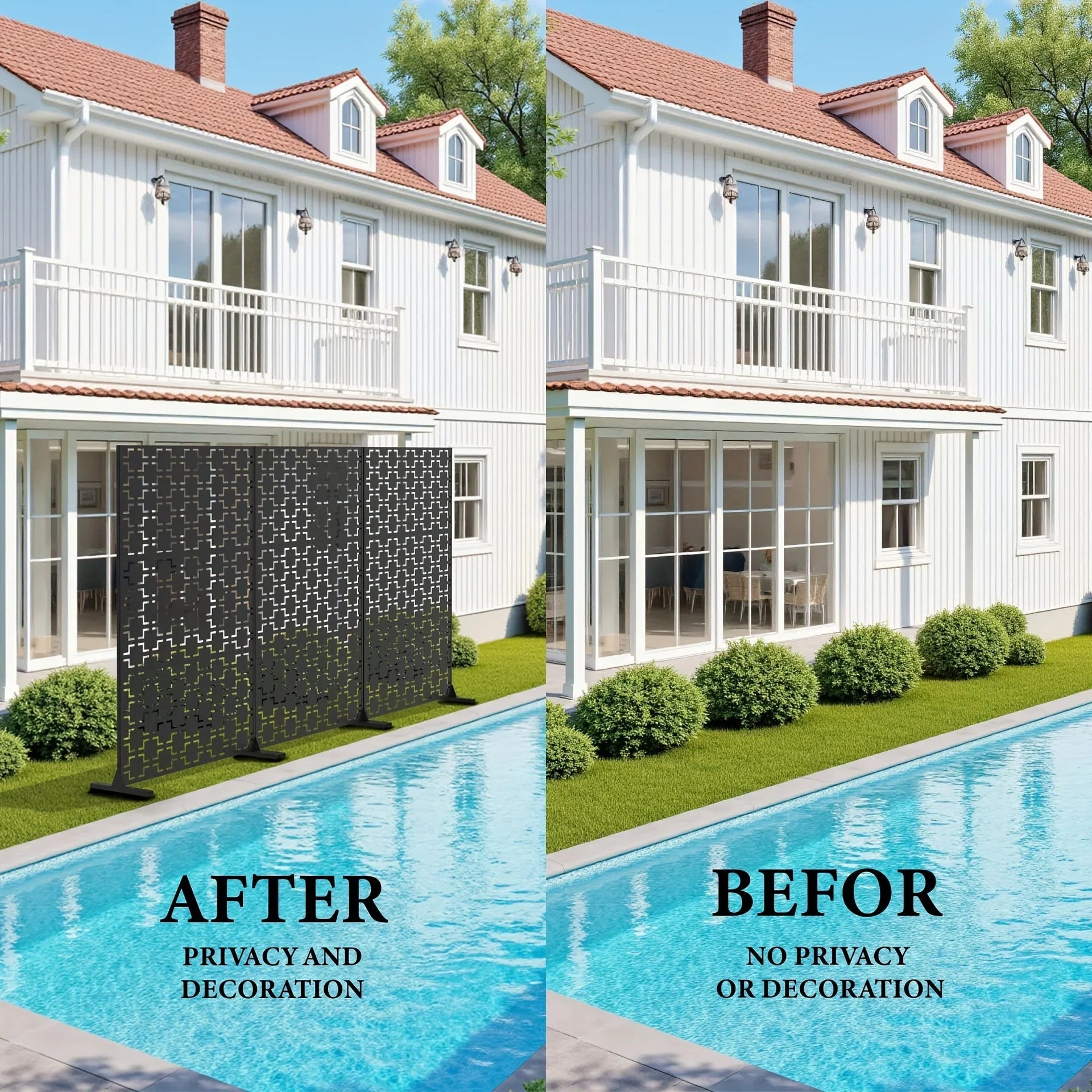 Outdoor Metal Privacy Screen 182.88cm H x 119.38cm W Freestanding Fence & Room Divider with Stand - Heavy-Duty Modern Design, Weather-Resistant Metal Panels with Pattern, Easy Assembly for Patio, Garden, Deck, Balcony, Lawn -