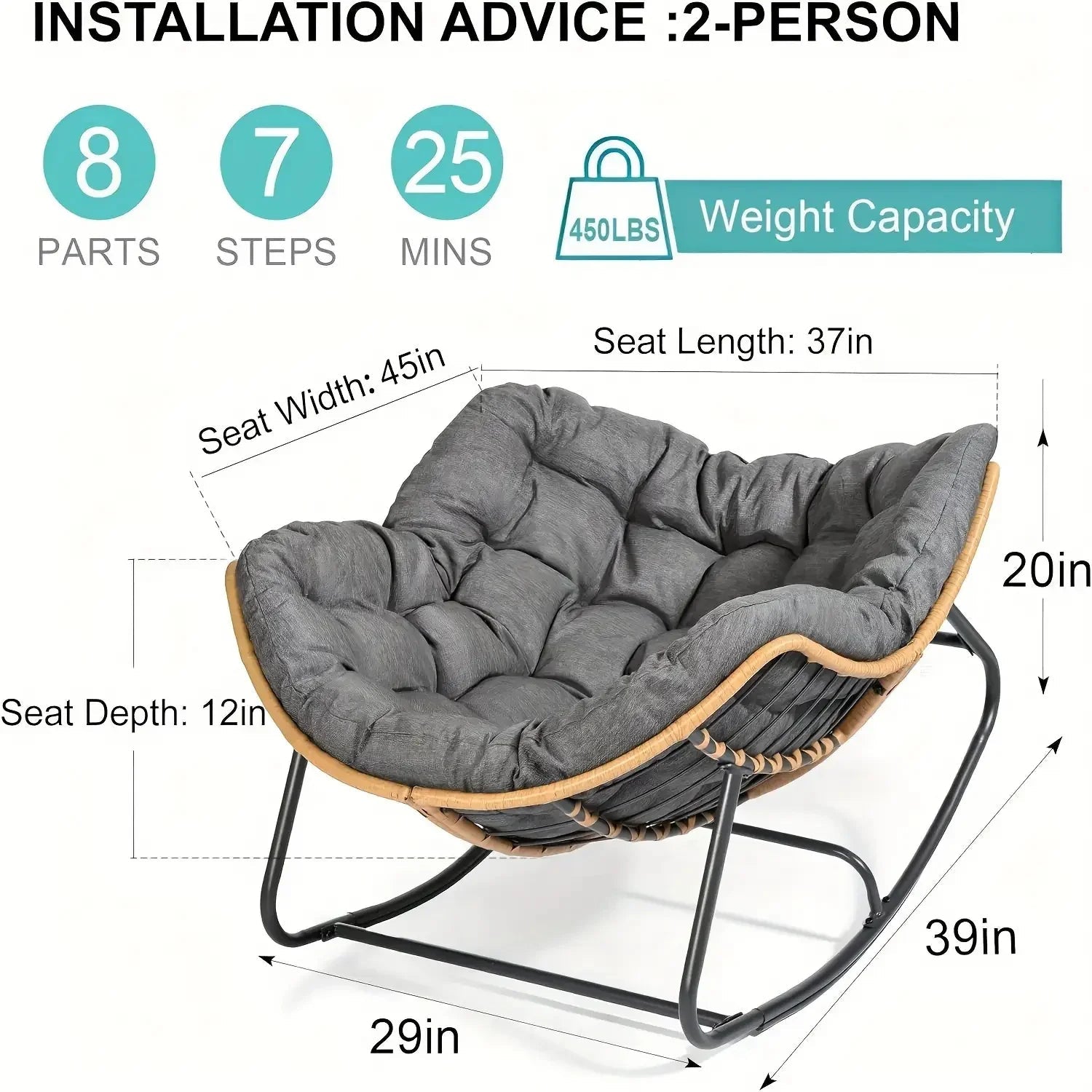 Outdoor Patio Rocking Chair, Royal Papasan Chair, Extra Large Outdoor Lounge Chair with Front Porch Cushion, Suitable for Living Room, Patio, Garden, Courtyard, Outdoor Chair, Patio Furniture, Outdoor Rocking Chair with Big C