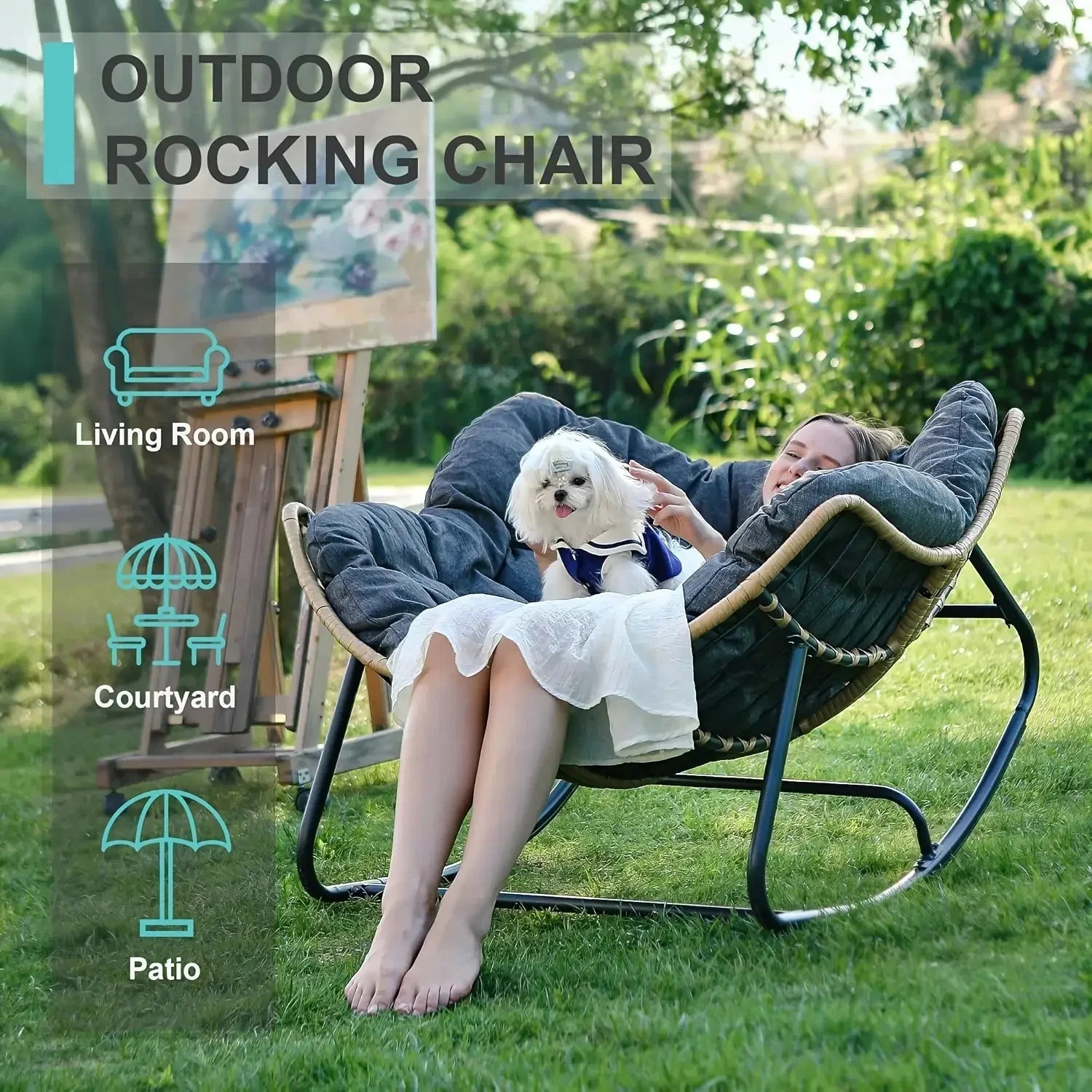 Outdoor Patio Rocking Chair, Royal Papasan Chair, Extra Large Outdoor Lounge Chair with Front Porch Cushion, Suitable for Living Room, Patio, Garden, Courtyard, Outdoor Chair, Patio Furniture, Outdoor Rocking Chair with Big C