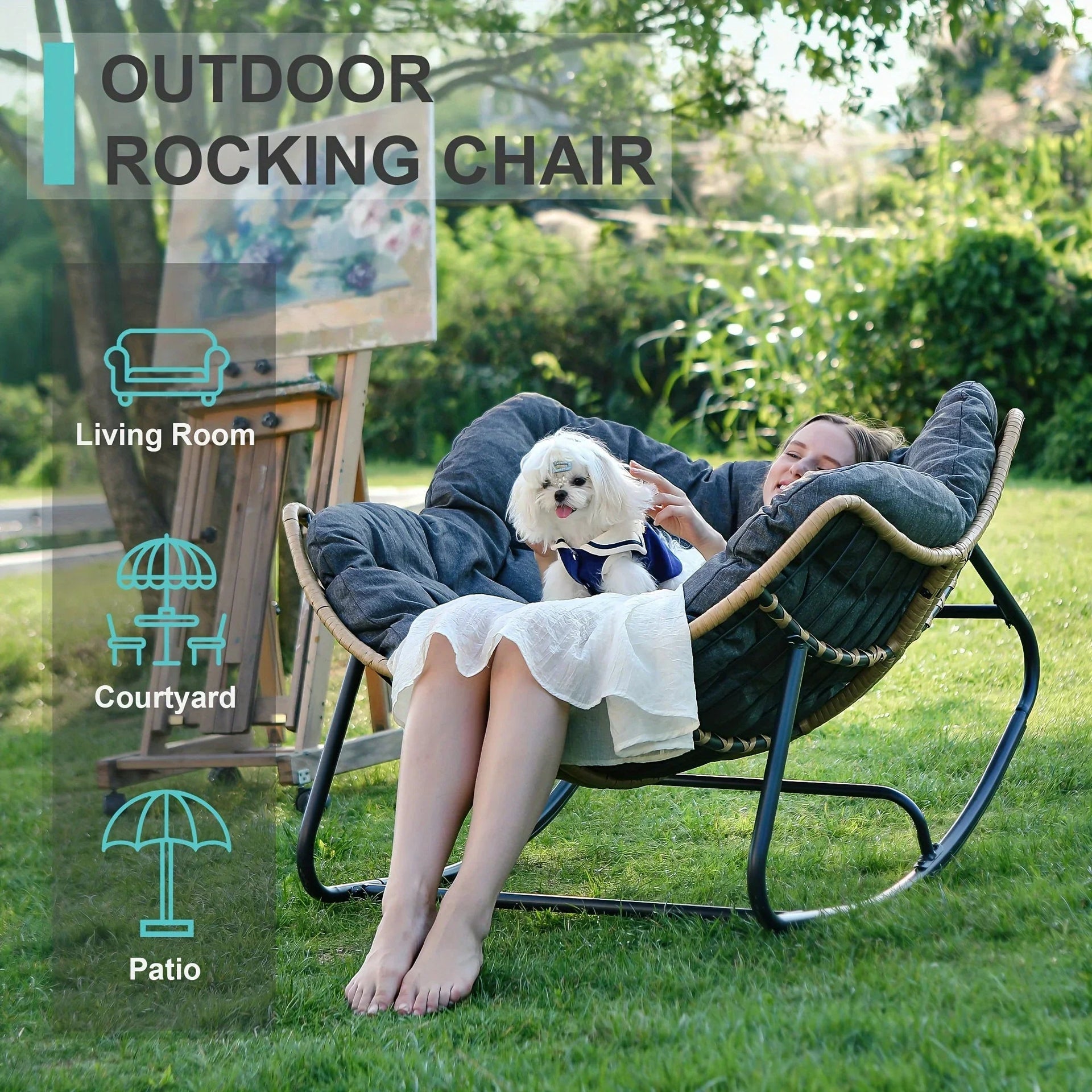 Outdoor Patio Rocking Chair, Royal Papasan Chair, Extra Large Outdoor Lounge Chair with Front Porch Cushion, Suitable for Living Room, Patio, Garden, Courtyard, Outdoor Chair, Patio Furniture, Outdoor Rocking Chair with Big C