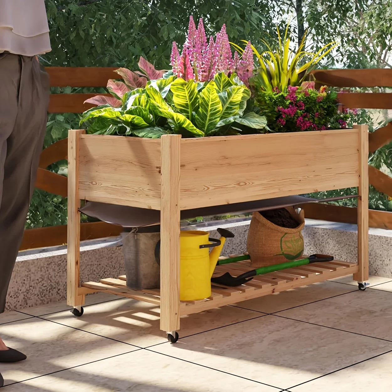 Outdoor Raised Garden Beds with Lockable Wheels Elevated Wooden Growing Bed for Flowers, Vegetables, Planter Box with Legs & Storage Shelf for Backyard, Patio, Balcony, Wooden Garden Bed, Round Raised Garden Bed, Narrow Garde