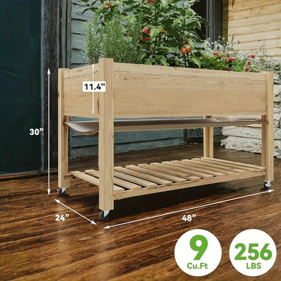 Outdoor Raised Garden Beds with Lockable Wheels Elevated Wooden Growing Bed for Flowers, Vegetables, Planter Box with Legs & Storage Shelf for Backyard, Patio, Balcony, Wooden Garden Bed, Round Raised Garden Bed, Narrow Garde