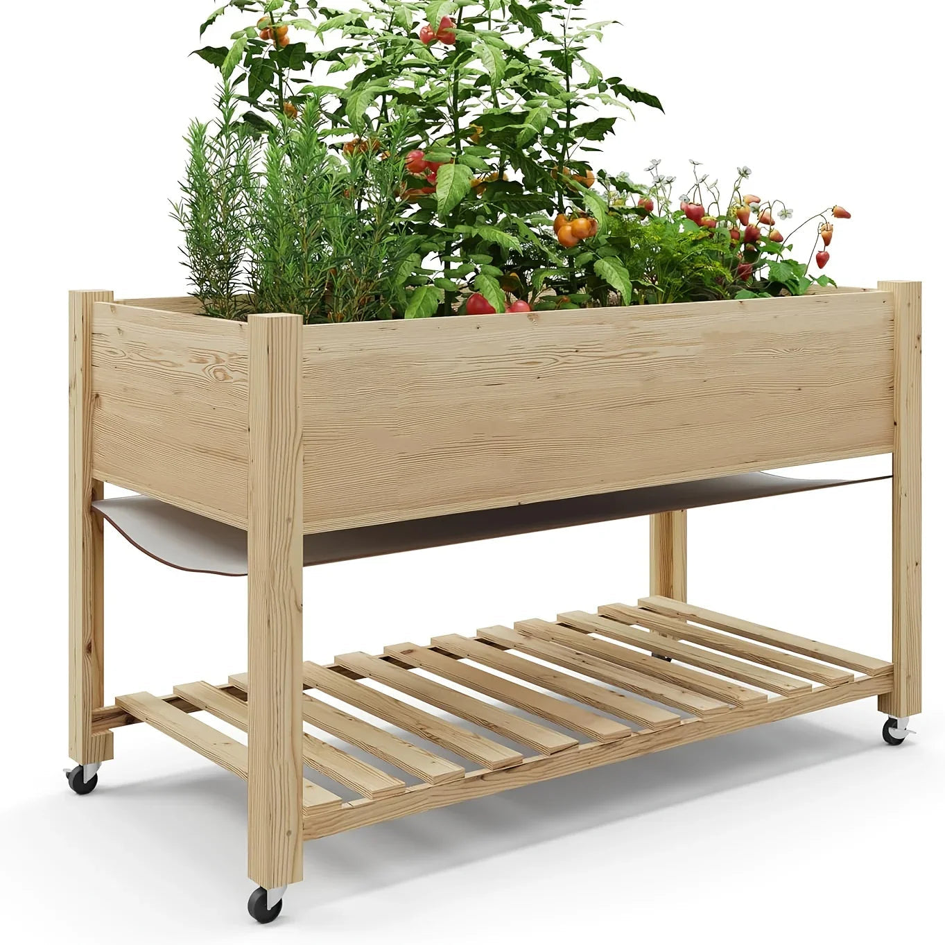 Outdoor Raised Garden Beds with Lockable Wheels Elevated Wooden Growing Bed for Flowers, Vegetables, Planter Box with Legs & Storage Shelf for Backyard, Patio, Balcony, Wooden Garden Bed, Round Raised Garden Bed, Narrow Garde