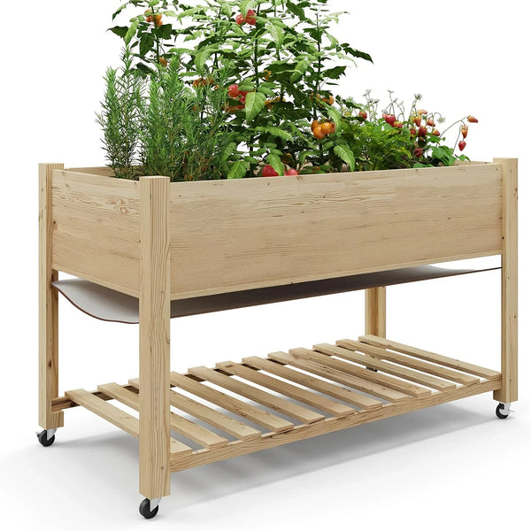 Outdoor Raised Garden Beds with Lockable Wheels Elevated Wooden Growing Bed for Flowers, Vegetables, Planter Box with Legs & Storage Shelf for Backyard, Patio, Balcony, Wooden Garden Bed, Round Raised Garden Bed, Narrow Garde